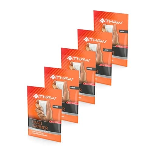 THAW Large Disposable Hand Warmers – 5 Pack, Up to 7 Hours of Heat, Air‑Activated, Odourless, Safe & Easy‑Use Warmers for Hands, Pockets, Gloves, Outdoor Activities & Cold Weather