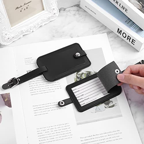 Flintronic 2 Pcs Luggage Tags, Leather Baggage Labels, Suitcase Name ID Card Tag Set, Leather Tags Travel Handbag Accessories for Preventing Loss of Bags(Black) — view 6