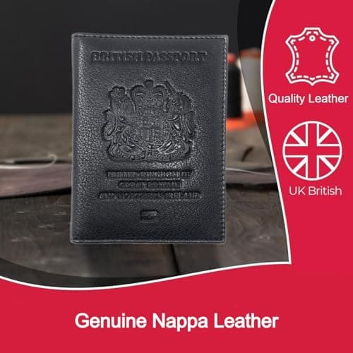 MOIRENTO UK Leather Passport Cover - British RFID Blocking Holders Genuine Navy Blue Wallet Passport Travel Wallet Men Women, Black Nappa — view 5