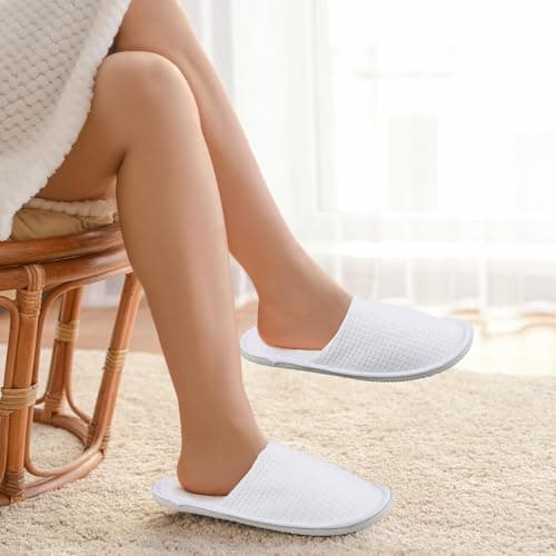 Vivantia 6 Pairs Disposable Hotel Home Spa Guests Slippers,White Waffle Deluxe Closed Toe Slippers Washable and Foldable for Travel Home Spa Party — view 2