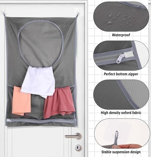 Hanging Laundry Hamper,Tear-resistance Door Hamper with Stainless Steel Hooks and Adhesive Hooks,Space Saving Hanging Laundry Hamper Bag and Bathroom Over The Door Hamper(77 x 50 cm) — view 2