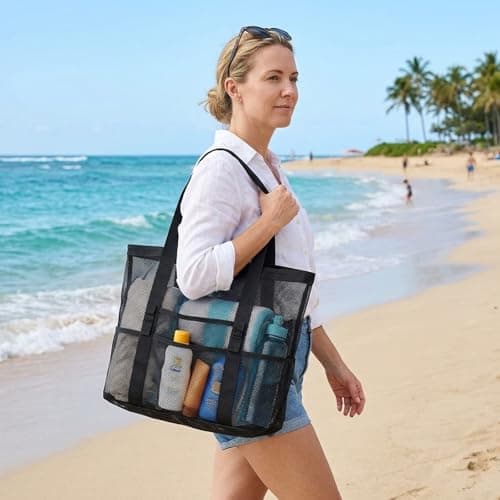 YFHUVB Mesh Beach Bag, Large Beach Bag, Lightweight Foldable Design for Beach Trips, Pool Visits, Family Outings and Travel Essentials, Durable Storage Solution for Adults — view 3