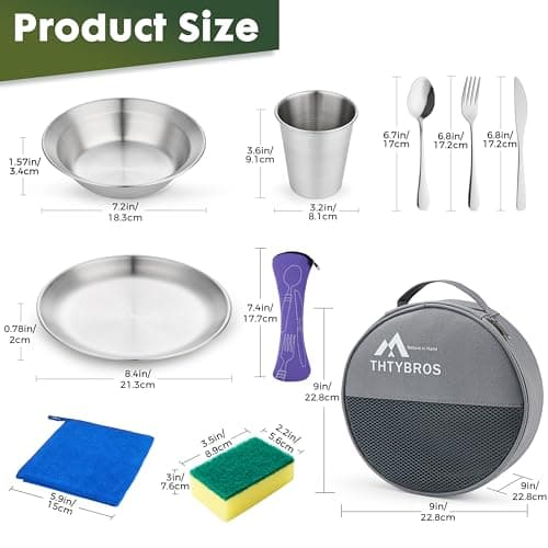 Stainless Steel Camping Mess Kit for 1-4 People,All-in-One Camping Cookware & Tableware Set with Plates,Bowls, Cups,Cutlery & Carry Bag,Outdoor Cooking Utensils for Camping,Backpacking,Hiking, Picnic — view 2