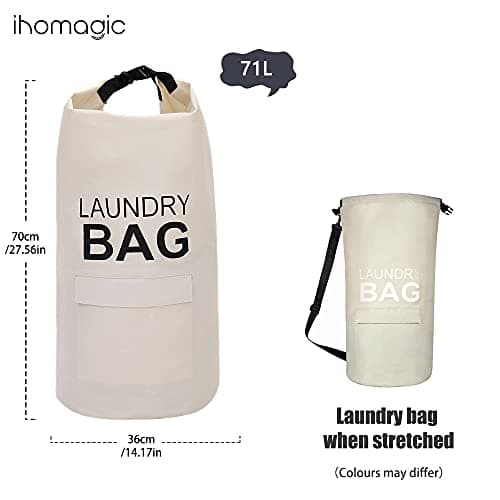 IHOMAGIC 71L Hanging Laundry Hamper Backpack with Adjustable Shoulder Straps, Foldable Laundry Basket with Handle and Pocket - Dirty Clothes Storage Bag for Travel, Laundromat, Apartment (Beige) — view 2
