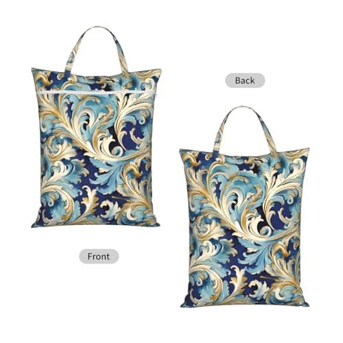 Elegant Blue Gold Florentine Travel Laundry Bag With Handle, 1 Pc Large Waterproof Dirty Clothes Bags With Zipper, Foldable Swimsuit Workout Bag Washable Wet Clothes Storage Organizer For Dorm — view 2