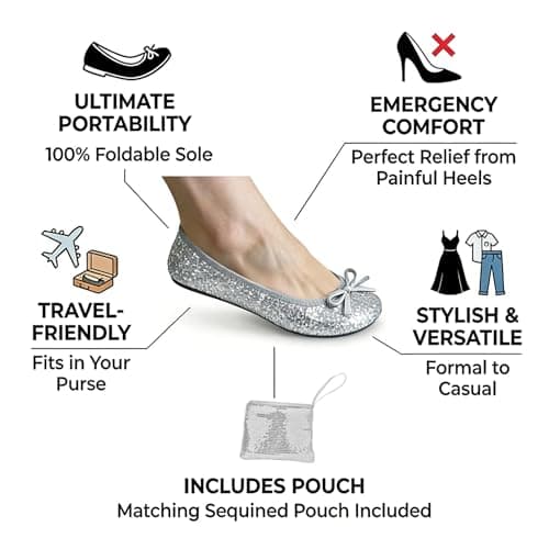 Women's Foldable Flats – Portable Ballet Slippers Shoes for Travel, Wedding – Fits in Purse (M, Silver Sequin) — view 4