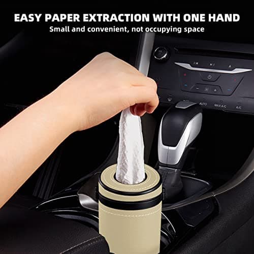 Moioee Car Tissue Holder, Cylinder Tissue Box with Window Breaker, PU Leather Round Tissues Container for Auto Cup Holder, Travel Facial Tissues Organizer for All Vehicles (Beige) — view 4