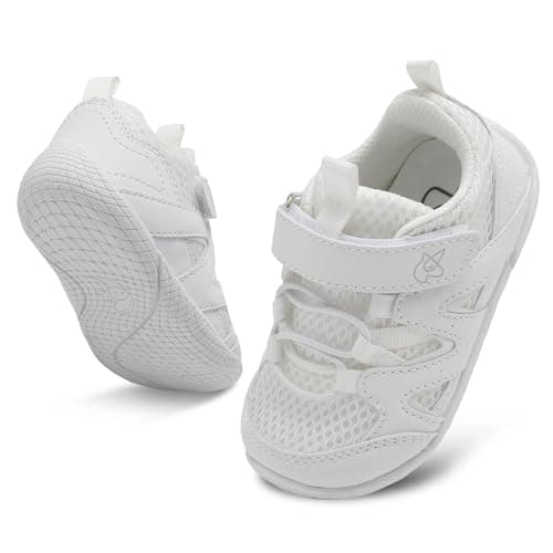 JIASUQI Toddler Shoes Boys Girls First Walking Shoes Non-Slip Lightweight Baby Sneakers Infant Casual Breathable Sneaker(White 130,12-18 Months)