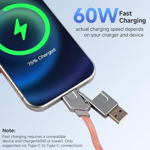 AHRLIC 4-in-1 USB Charging Cable Keychain – Zinc Alloy, Multi-Adapter Charger Cord for USB, Type-C, Micro USB, iOS Port Devices – 60W Fast Charging, Magnetic Stretchable Travel Cable (Orange Gray) — view 6