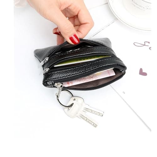 Gadom Small Coin Purse, Leather Wallet for Woman, Zipper Coin Pocket Small Ladies Purse with 3 Compartments & Keychain, Lightweight, Easy to Carry (Black) — view 5