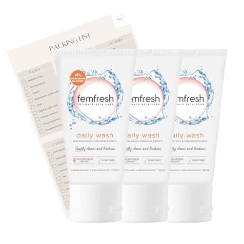 Travel Size Intimate Skin Care Set with Femfresh Intimate Skin Care Daily Intimate Wash Travel Size (3x 50ml) & Travel Packing List
