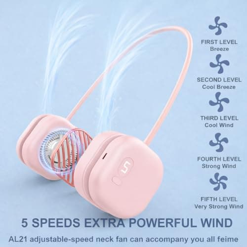 Foluu Rechargeable Neck Fan with 5 Speeds & Digital Display - Portable Hands-Free Personal Fan with 120 Blades Turbine, 360° Flexible Silicone, Ultra-Quiet 40dB - for Travel, Sports, Office (Pink) — view 2
