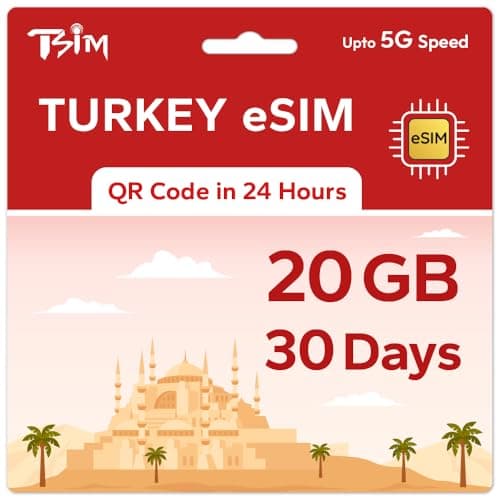 TSIM Prepaid Turkey eSIM for Travel | 30 days 20GB 5G Speed | Hotspot Allowed | eSIM QR Code Sent by Email within 24Hrs of Shipping | Scan QR Code and use Immediately | Data Only No Voice