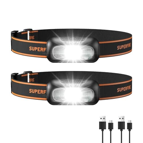 SuperFire 【2 Pack】 Head Torch Rechargeable, 5 Modes Bright LED Headlamp with Red Light, Lightweight Waterproof Hands-Free Head Torch for Camping, Running, Hiking, Adjustable Headband for Adults, Kids