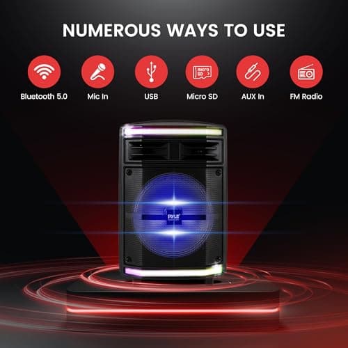 Pyle Portable Bluetooth PA Speaker System - 600W Bluetooth Speaker Portable PA System w/Rechargeable Battery 1/4" Microphone In, Party Lights, MP3/USB SD Card Reader, Rolling Wheels — view 3