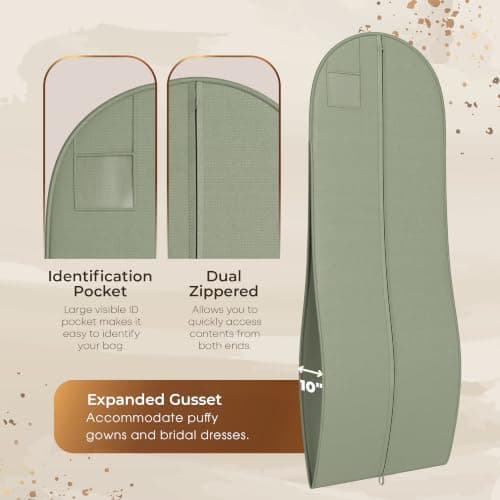 YOUR BAGS GARMENTUM Dress Bag for Gowns & Formal Dresses - 72" Extra Long Garment Bag for Hanging Clothes & Travel Women - Large Wedding Dress Garment Bags - 10" Gusset (Sage Green) — view 4