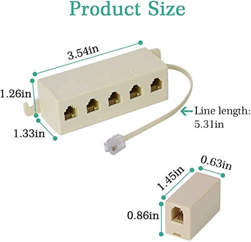 SHONCO Phone Line Adapter, Five-way Telephone Splitter,RJ11 6P4C Male-to-female 5-socket Port Telephone Line Cable Splitter and One In-line Coupler Connector,Beige — view 4
