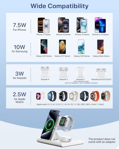 Wireless Charger,Foldable 3 in 1 Wireless Charger Stand for Apple Watch,Airpods Pro/3/2,Fast Wireless Charging Station for iPhone 17/Air/16/15/14/13/12/11/XS/XR/X/8（No Plug Included) — view 4