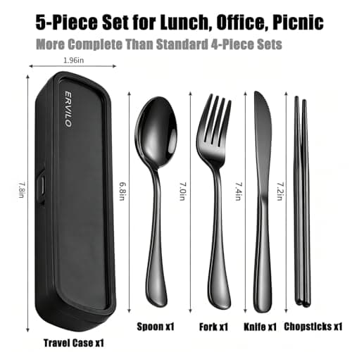 Travel Cutlery Set with Case, Stainless Steel Camping Utensils, Reinforced Case with Snap-Lock Closure, Include Fork Spoon Knife Chopsticks, Portable Lunch Box Silverware for Picnic Office, Black — view 4