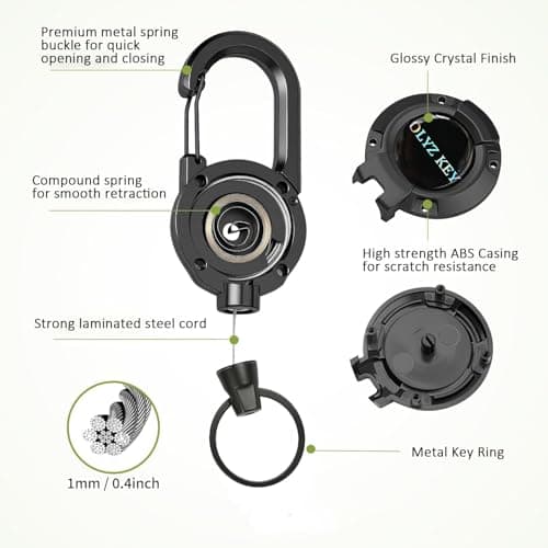Oleyzee Retractable Keychain Heavy Duty Multitool Carabiner Key Chain, 60CM Extended Coated Steel Cord Badge Reel, Carabiner Key Holder for Work & Outdoor, Bearing 8.0 oz, Brown — view 2