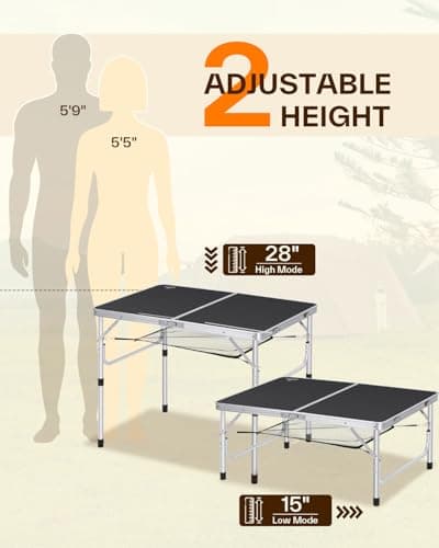 Sportneer Folding Camping Table Height Adjustable Small Folding Table (Black, 90x60cm (2 Height)) — view 3