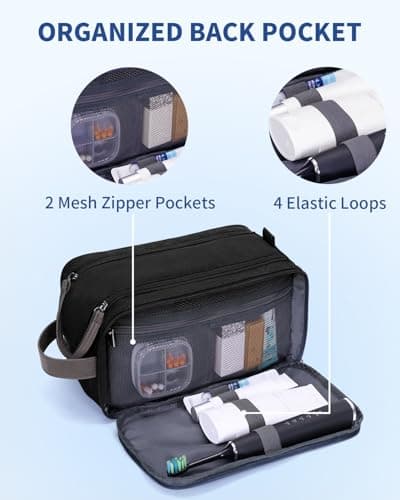WANDF Toiletry Bag for Men Travel Wash Bag Toiletry Organizer Canvas and PU Leather Dopp Kit Water-Resistant Shaving Kit for Travel Accessories (Black, M, Patent Pending) — view 6