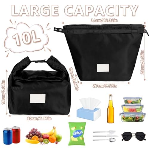 Winsegom Roll-Top Insulated Lunch Bag, 10L Waterproof Thermal Cooler Tote Bag, Reusable Leakproof Lunch Box for Men Women, Practical Food Storage Handbag for Work School Picnic Travel (Black) — view 4