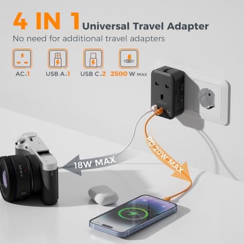 TESSAN UK to Universal Travel Adapter, 1 Pack, Black — view 3