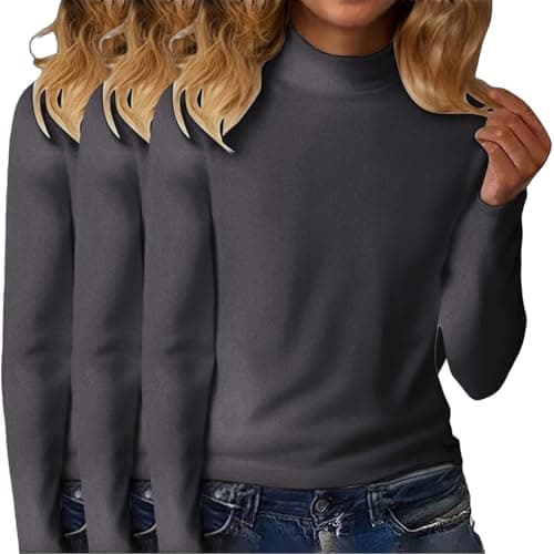 YCBMINGCAN Pack of 3 Women's Thermal Shirt Long Sleeve & Turtleneck Shirt Lightly Lined Soft Basic Top with Stand-Up Collar Thin Fleece Undershirt Winter Tops for Women, #1-grey, M — view 3