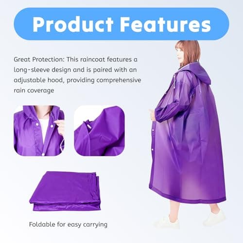 AropaeenGlowry Waterproof Rain Poncho for Adults, 2 Pack Reusable Raincoat with Hood & Sleeves, Portable Emergency Poncho for Camping, Hiking, Travel, Outdoor Events (Purple) — view 5