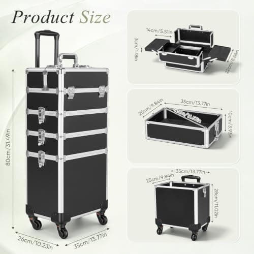 4-in-1 Rolling Makeup Train Case on Wheels, Large Cosmetic Organizer Trolley with 360° Silent Brake Wheels & Reinforced Metal Latches, Cosmetology Travel Case for Salon Nail Artist Hairstylist — view 2