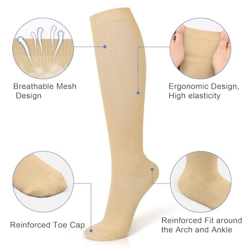 3 Pairs Compression Socks 15-20 mmhg for Men & Women, Support Socks Compression Stockings for Running, Swelling, Nurse, Flight, Nurses,Edema (Black+White+Beige, L/XL) — view 2