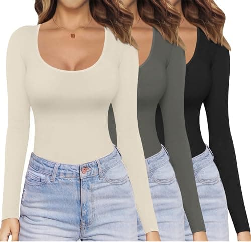 Ekouaer Womens Long Sleeve Tops 1&3 Pack Basic Scoop Neck Thermal T Shirt, 3pcs Black + Darkgray + Beige, M