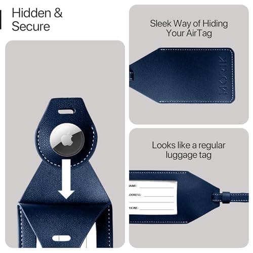 MORIK Secret AirTag Leather Luggage Tag Tracking | TSA Approved | 3-in-1 AirTag Holder & Luggage Tag | Secret Design | Premium Vegan Leather | Apple AirTags Compatible, Blue — view 4