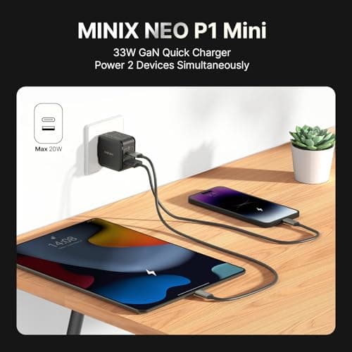 MINIX NEO P1 Mini 33W PPS 2-Port GaN Charger - 1 USB-C, 1 USB-A Port Fast Charger. Compatible with iPhone 8-15 Series, Galaxy S10-S21, Pad and More. — view 3