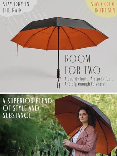ENGLISH SUMMER Luxury Windproof Umbrella for Rain & Sun: Strong, Automatic, Extra Large Canopy, Vented, Portable Folding, Quality, Real Wooden Handle (Charcoal & Burnt Orange) — view 3