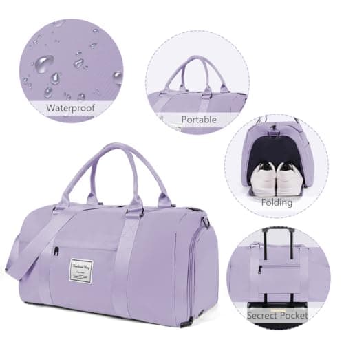 Flintronic Gym Bag, Foldable Travel Duffel Bag for Women, Waterproof Overnight Carry On Bag, Sports Bag with Shoes Compartment and Wet Pocket, Large Holdall Bag for Sports and Travel, Light Purple — view 5