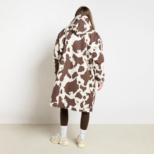 OHS Women's Jackets Changing Robe, Cow Print Oversized Waterproof Jacket Fleece Lining Rain Coats for Women with Hood & Pockets Drying Robe Ladies Jackets for Outdoor Travel, Brown/Cream - S/M — view 3