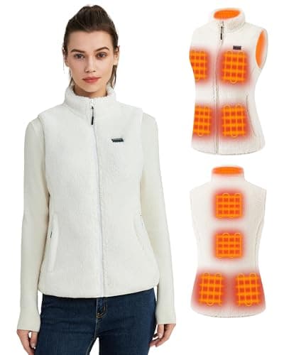 Hecusma white Heated Gilet Womens with 16000mAh 7.4V Battery Pack Included, Sherpa Heated Vest Women, Electric Fleece Ladies Heated Gilet for Outdoor Sport-M