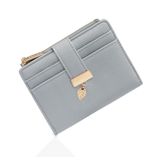 Pomelo Best Women's RFID Wallet - Vegan Leather Bi-fold Small Ladies Purse with Zipper Coin Pocket & ID Window - Leaf Charm Compact Wallet for Women (Grey)