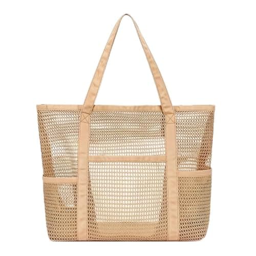 Satiskid Large Mesh Beach Tote Bag with 6 External Pockets, Breathable Nylon Mesh Swimming Bag, Multi-Pocket Sandproof Pool Travel Shoulder Bag for Swimming Pool Holiday