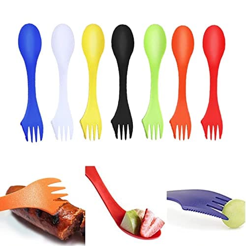 JEOPKO 7 Pack Plastic Spork, Portable and Reusable Camping Spork Lightweight and Strong Spork Plastic, Spoon Fork Knife Set Portable for Backpacking Hiking Outdoors(7color), Blue,green,orange,white — view 4