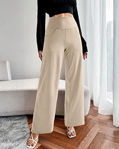 Promover Yoga Pants for Women with Pockets Wide Leg Trousers for Women UK Stretch Work Tracksuit Bottoms Joggers Causal Lounge Tummy Control Pants(Light Khaki,M,Tall) — view 3
