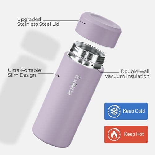 Exllena 【Upgraded】 Small Water Bottle for Handbag – 250ml Mini Flask for Hot & Cold Drinks, Perfect Small Insulated Water Bottle for Travel, Milk, Coffee... (Purple) — view 3