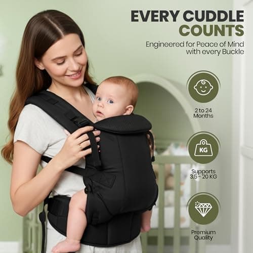 Nouize Lightweight Baby Carrier, Newborn to Toddler – Breathable Mesh-Backed Support, Cooling for Summer – Front, Hip & Back Carry, Adjustable 3.5–20kg – Black — view 2