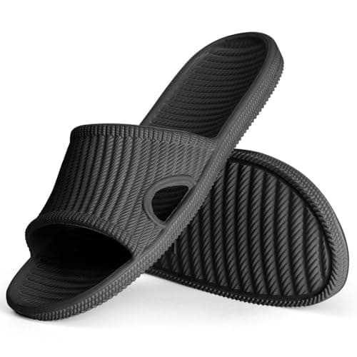 Aomig Unisex Shower Slipper Women Men Sliders Slippers Non-Slip Slip On Slippers Light Weight Flat Slide Sandals Bathroom Flip Flops Hotels Thong Quick Drying House Slide Sandals Shoes(Black-9/10 UK)
