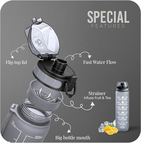 Roe Tenpo Water Bottle 1L, Sports Water Bottle with Time Markings, BPA-Free, Leak-Proof Drinks Bottle, Perfect for Running, Cycling, Gym, Yoga, Camping and Outdoor Activities, Grey — view 2