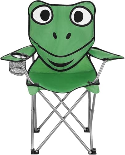 LIZZIE JACOBS Kids Folding Camping Chair with Armrest and Cup Holder Cute Animal Frog & Monkey Design Foldable Chair for Beach, Fishing, & Backyard 110lbs Capacity for Boys & Girls (Frog Green)