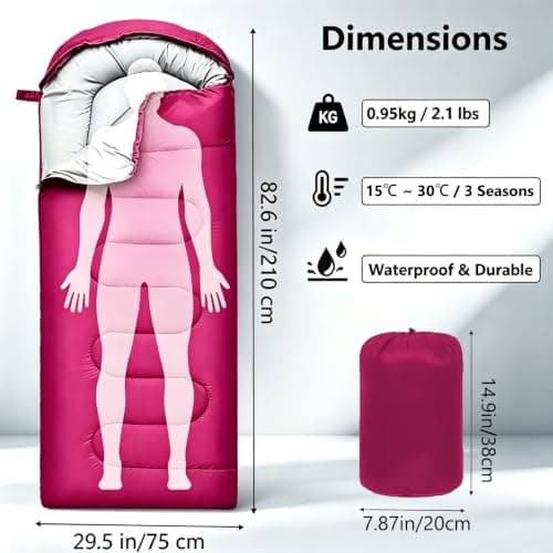 Sleeping Bag for Camping,3 Seasons Sleeping Bags for Adults Backpacking Waterproof, Small Packed Compact Carry Bag, Soft,Thick and Warm for Outdoor Travel,Hiking (Rose Red-Warm Weather 15-25°C) — view 2