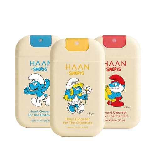 HAAN Smurfs Limited Edition – Moisturising Hand Cleanser Spray with aloe vera (pack of 3) – 1 bottle per fragrance: Morning Glory, Bright Rose, Purifying Verbena